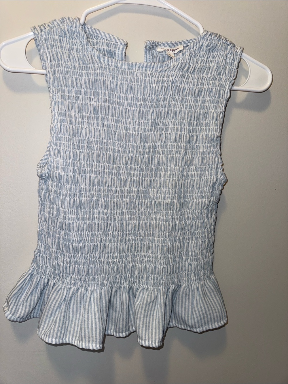 Blu Pepper Light Blue and White Smocked Peplum Tank